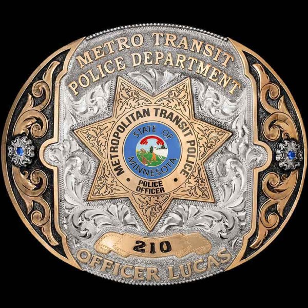 A custom oval sherrif belt buckle for Flathead County Sheriff's Office Sergeant featuring The Great Seal of The State of Montana emblem 